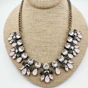 Vintage Statement Rhinestone Necklace Pink Grey Clear Crystal Floral Bib Chunky